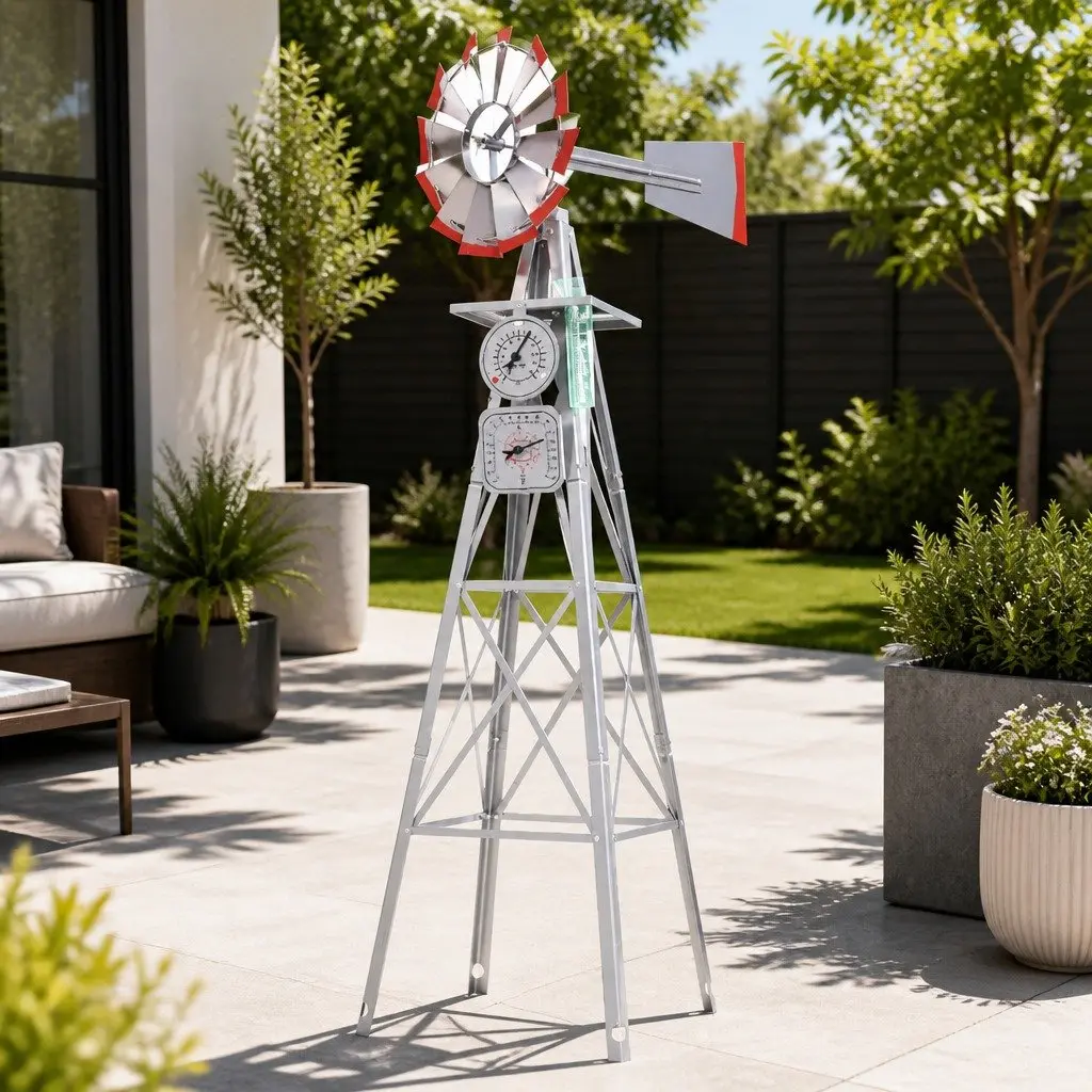 Garden Windmill Grey 4FT Metal Outdoor Decor Ornament Weathervane 12 Blades