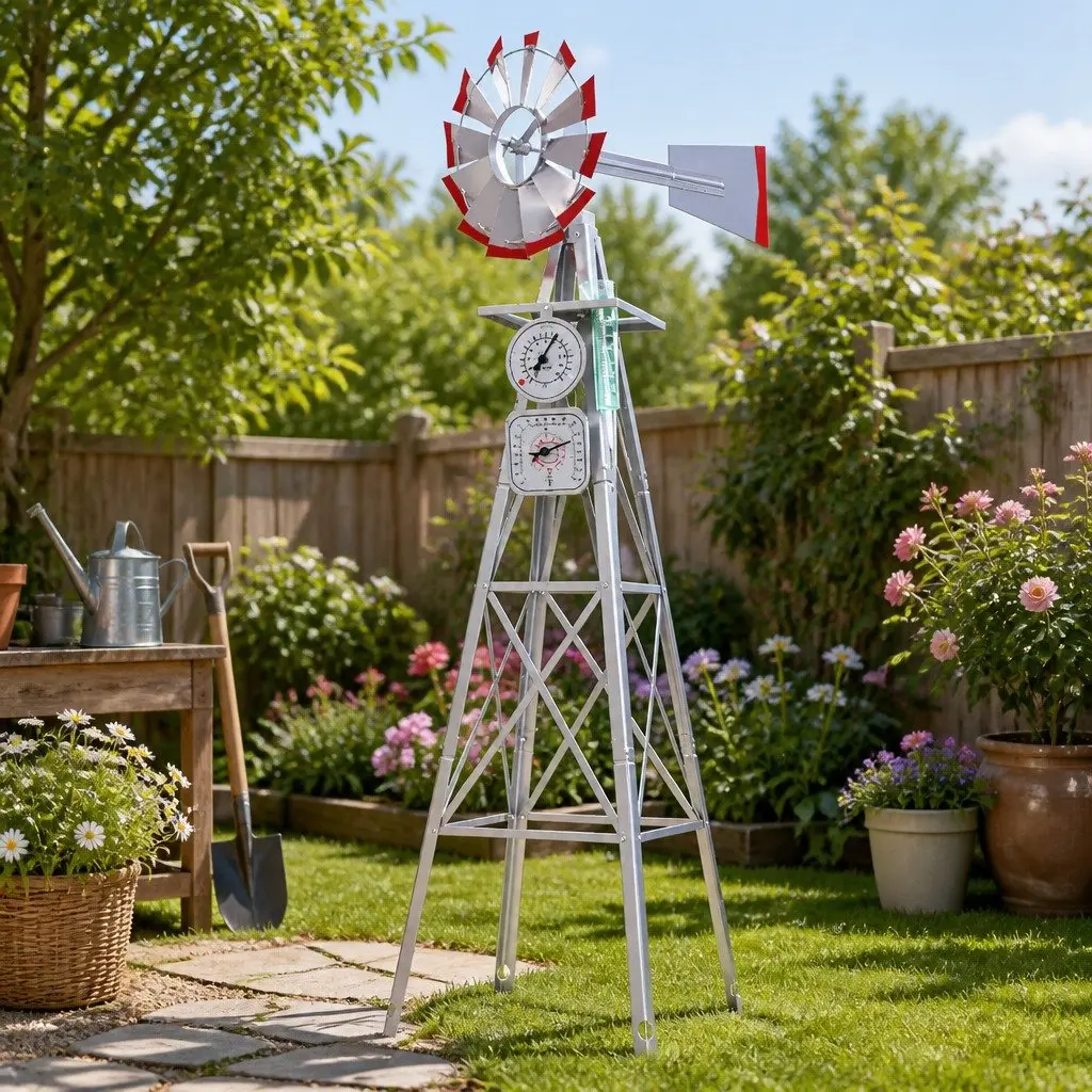 Garden Windmill Grey Red Trim 8FT Tall Metal Outdoor Weathervane Ornamental Decoration