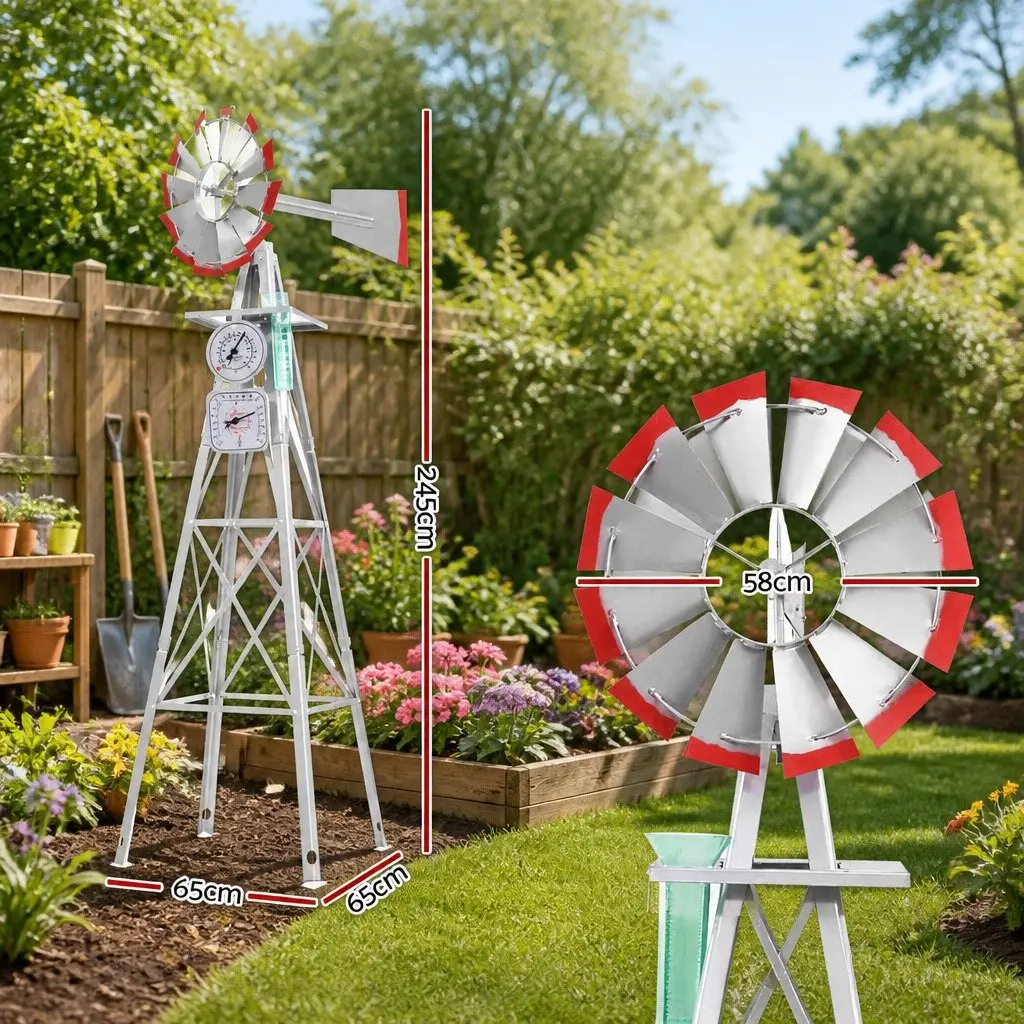 Garden Windmill Grey Red Trim 8FT Tall Metal Outdoor Weathervane Ornamental Decoration