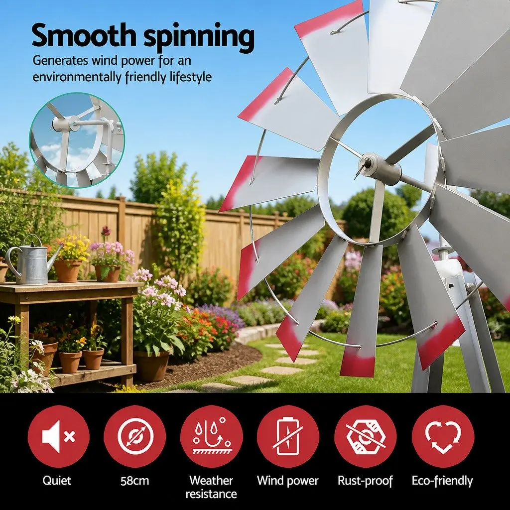 Garden Windmill Grey Red Trim 8FT Tall Metal Outdoor Weathervane Ornamental Decoration