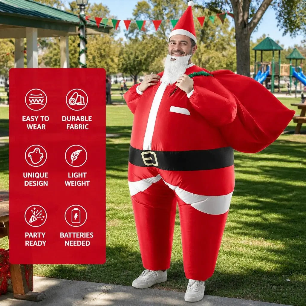 Inflatable Santa Claus Costume Red Adult Unisex Blow Up with Portable Fan System