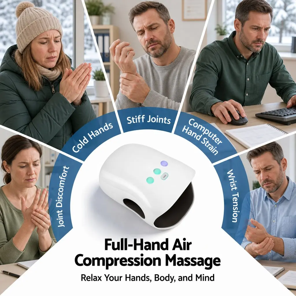 Air Compression Hand Massager White Cordless 3 Modes 3 Intensity Levels Adjustable Heat