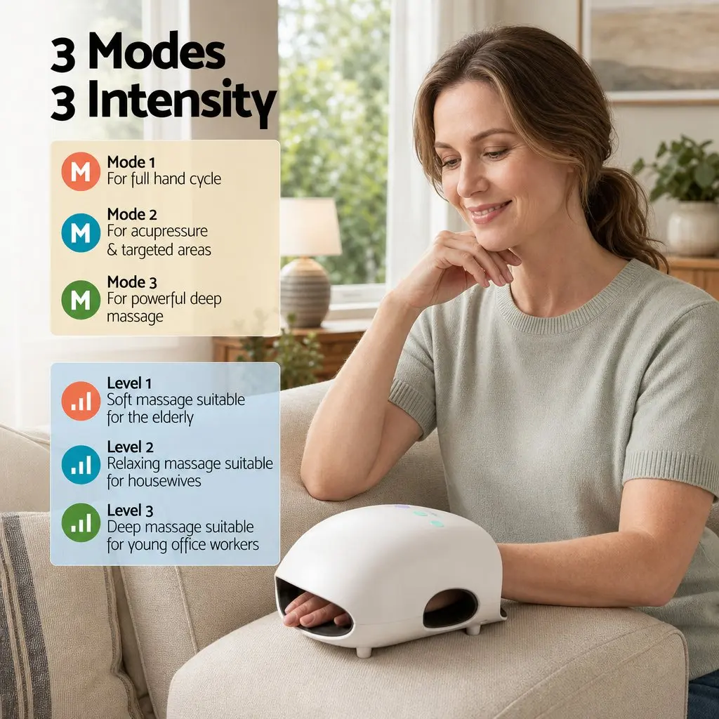 Air Compression Hand Massager White Cordless 3 Modes 3 Intensity Levels Adjustable Heat