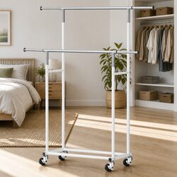 Clothes Rack Double Rod Adjustable Hanger Coat Stand Collapsible Storage Rail
