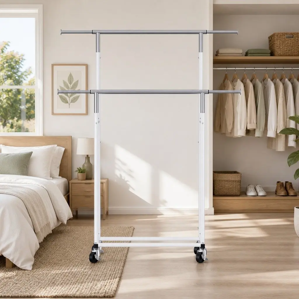 Clothes Rack Silver Adjustable Double Rod Collapsible Storage Rail