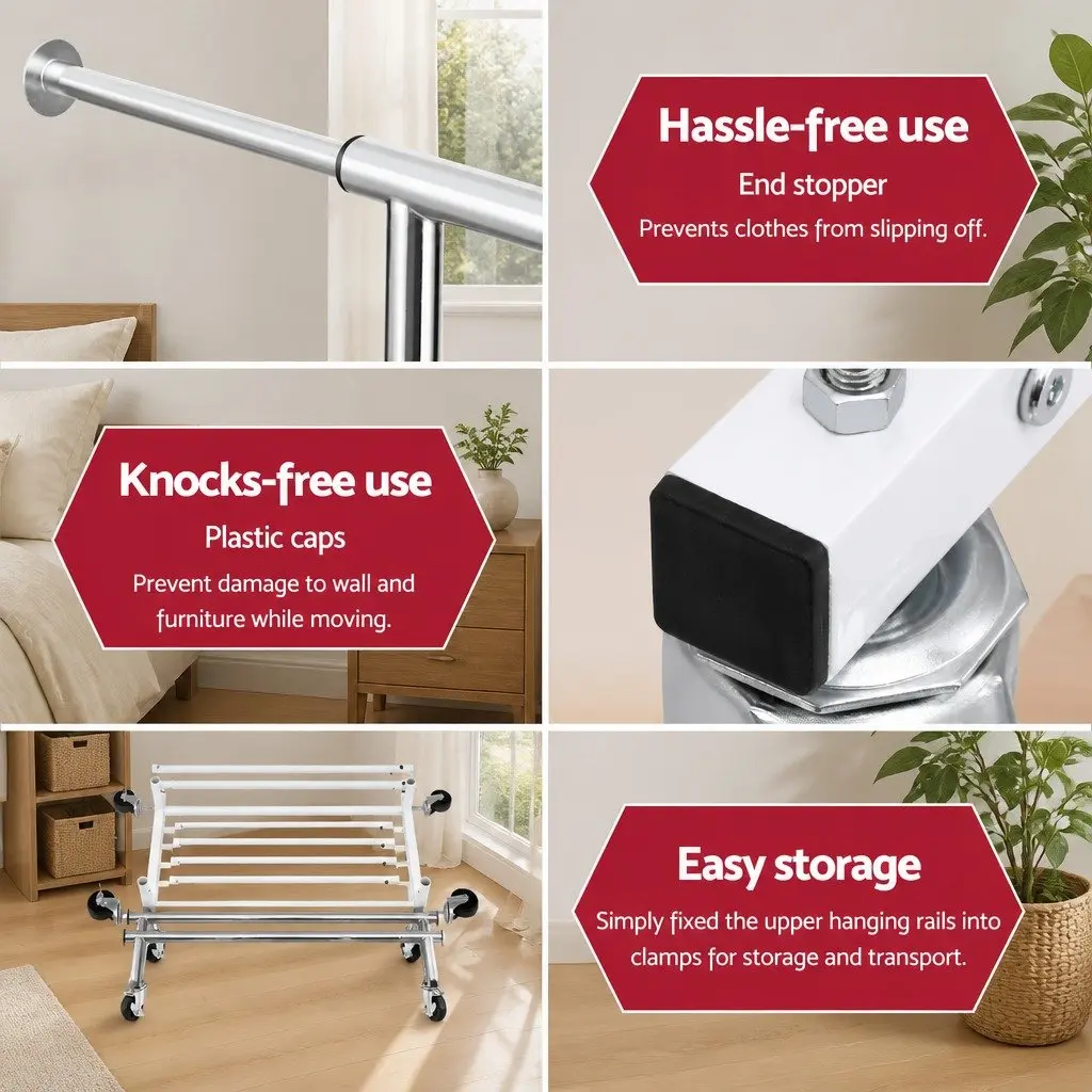 Clothes Rack Silver Adjustable Double Rod Collapsible Storage Rail