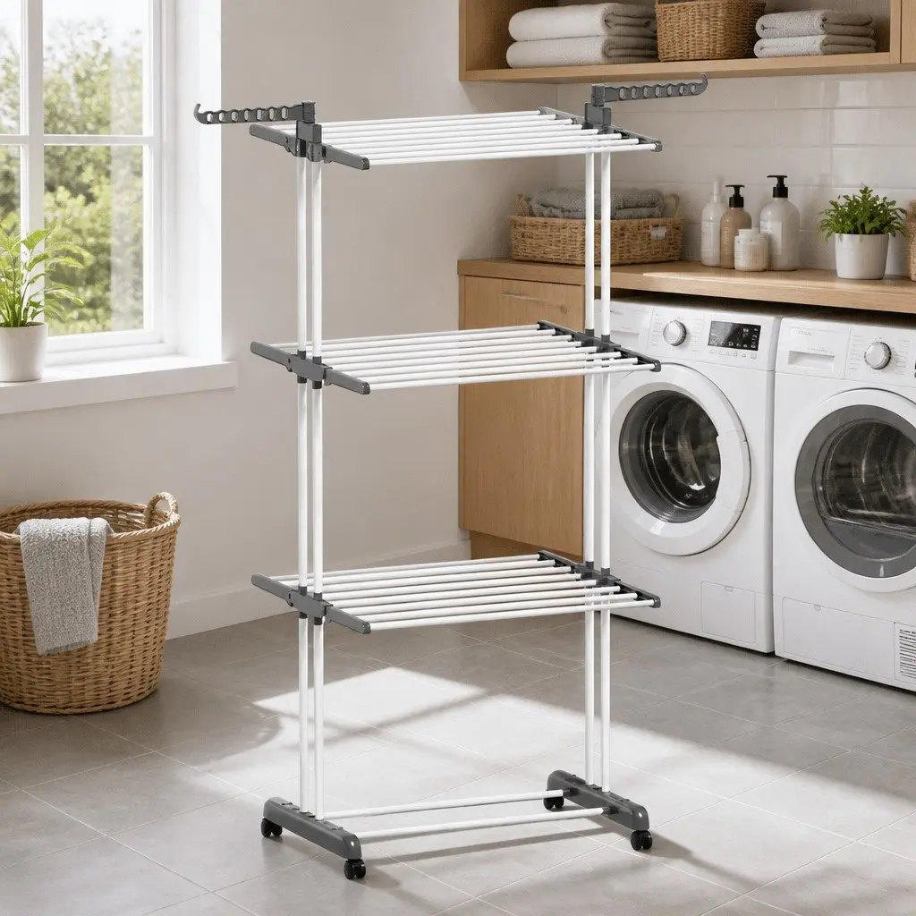 Clothes Drying Rack Grey 173cm Foldable 3-Tier with Lockable Wheels