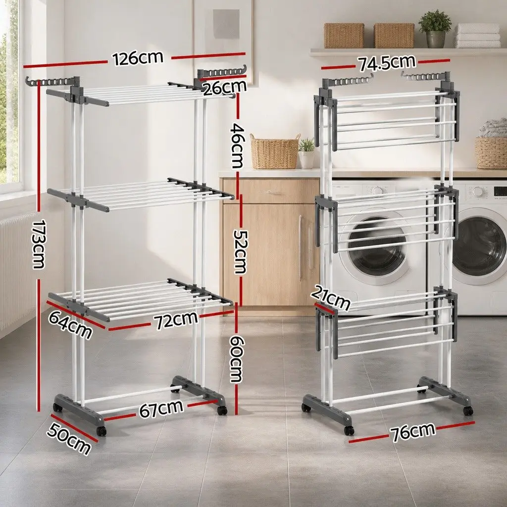 Clothes Drying Rack Grey 173cm Foldable 3-Tier with Lockable Wheels