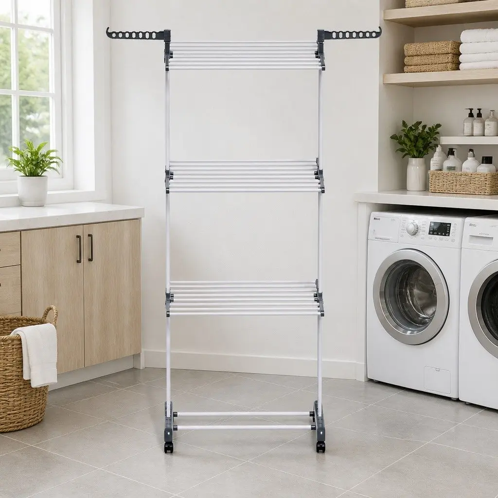 Clothes Drying Rack Grey 173cm Foldable 3-Tier with Lockable Wheels