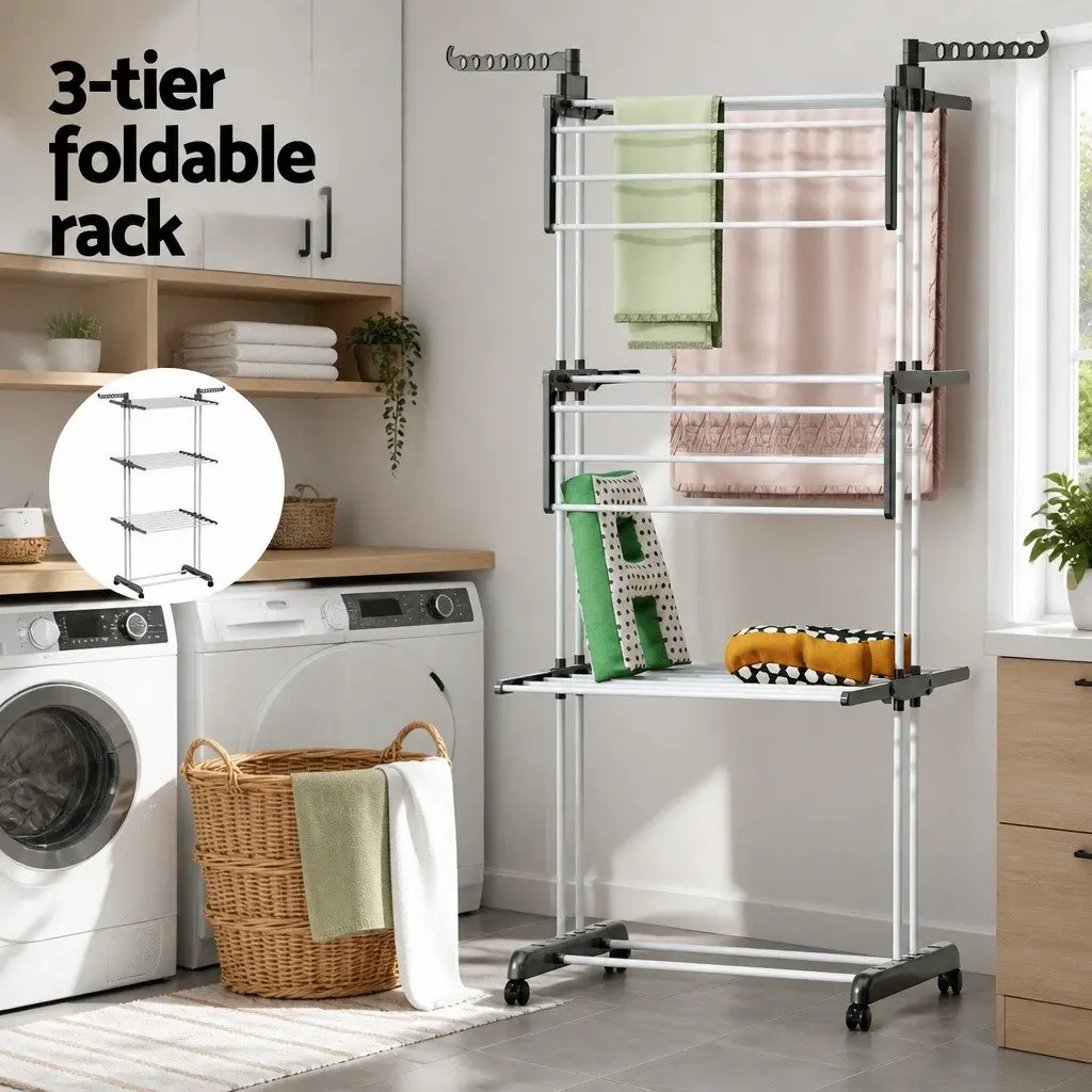 Clothes Drying Rack Grey 173cm Foldable 3-Tier with Lockable Wheels