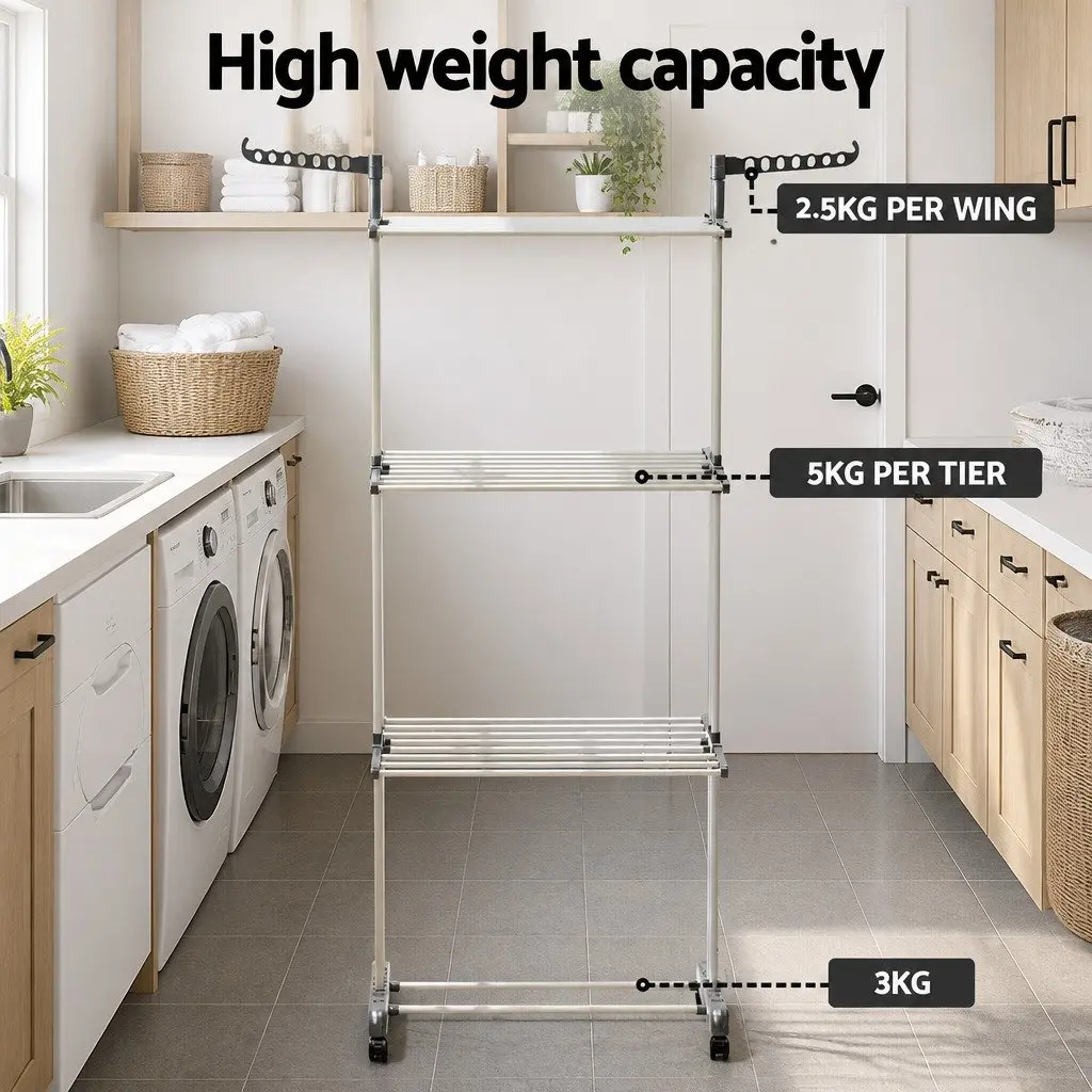 Clothes Drying Rack Grey 173cm Foldable 3-Tier with Lockable Wheels