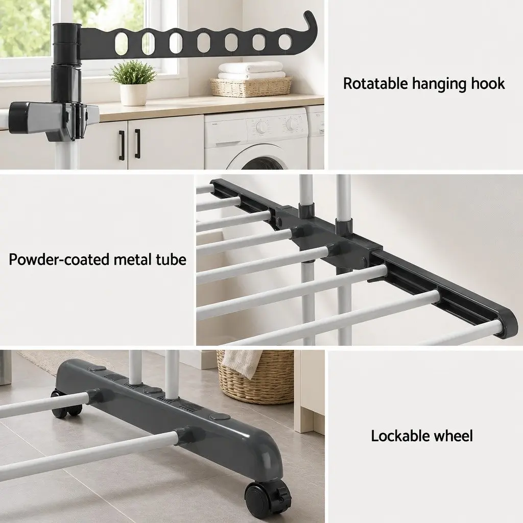 Clothes Drying Rack Grey 173cm Foldable 3-Tier with Lockable Wheels