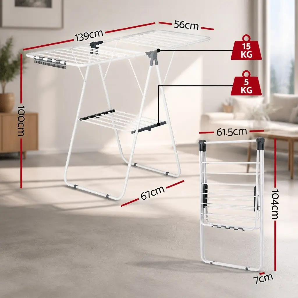 2 Tier Clothes Drying Rack Airer Foldable 139CM White Laundry Dryer Stand