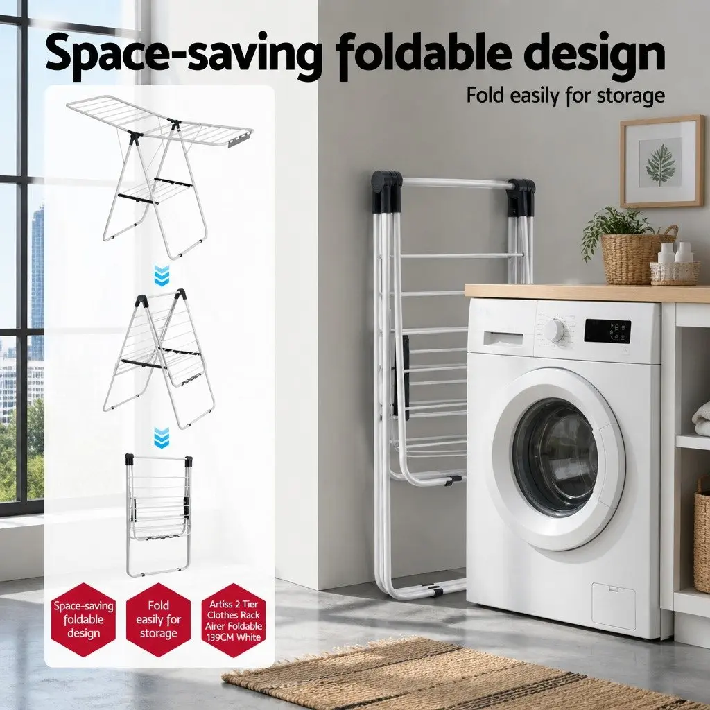 2 Tier Clothes Drying Rack Airer Foldable 139CM White Laundry Dryer Stand
