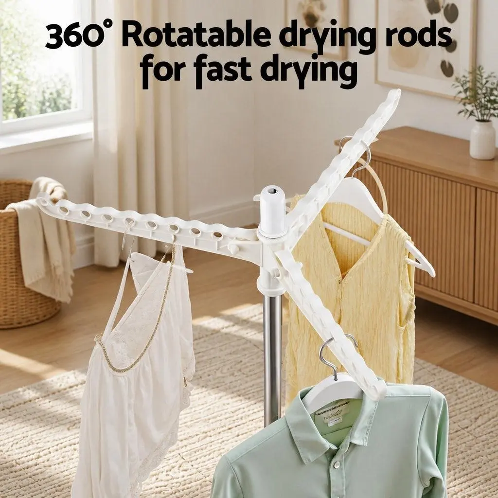 Clothes Rack White 163cm Foldable Space-Saving Drying Stand with 360° Rotary Hanger