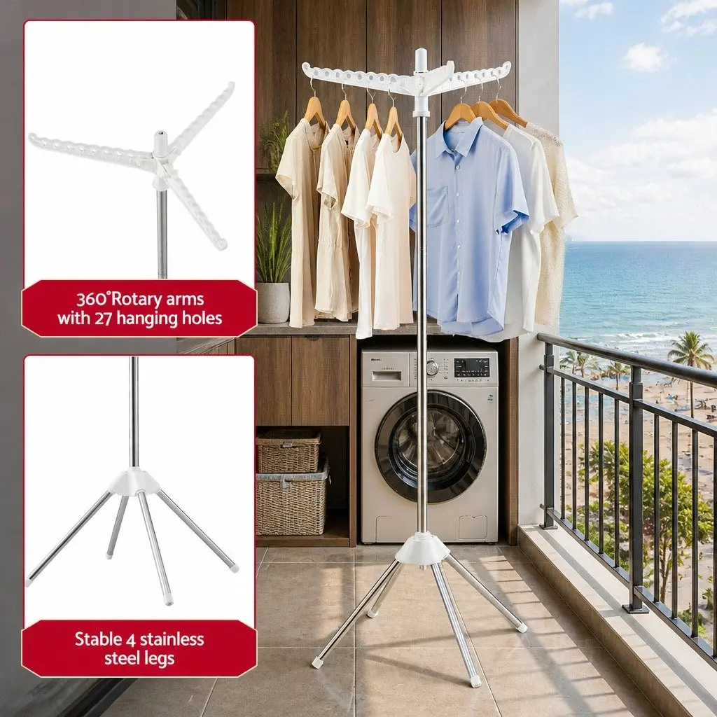 Clothes Rack White 163cm Foldable Space-Saving Drying Stand with 360° Rotary Hanger