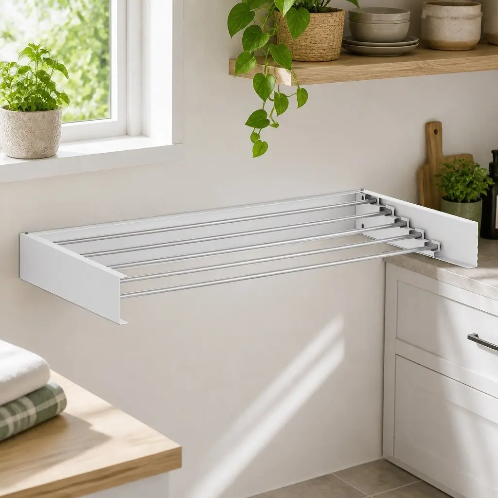 Wall Mounted Clothes Drying Rack White Silver 5 Rods Foldable Space Saving