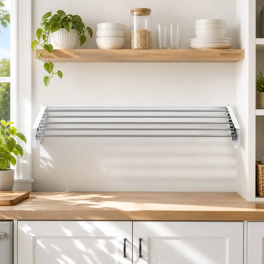 Wall Mounted Clothes Drying Rack White Silver 5 Rods Foldable Space Saving