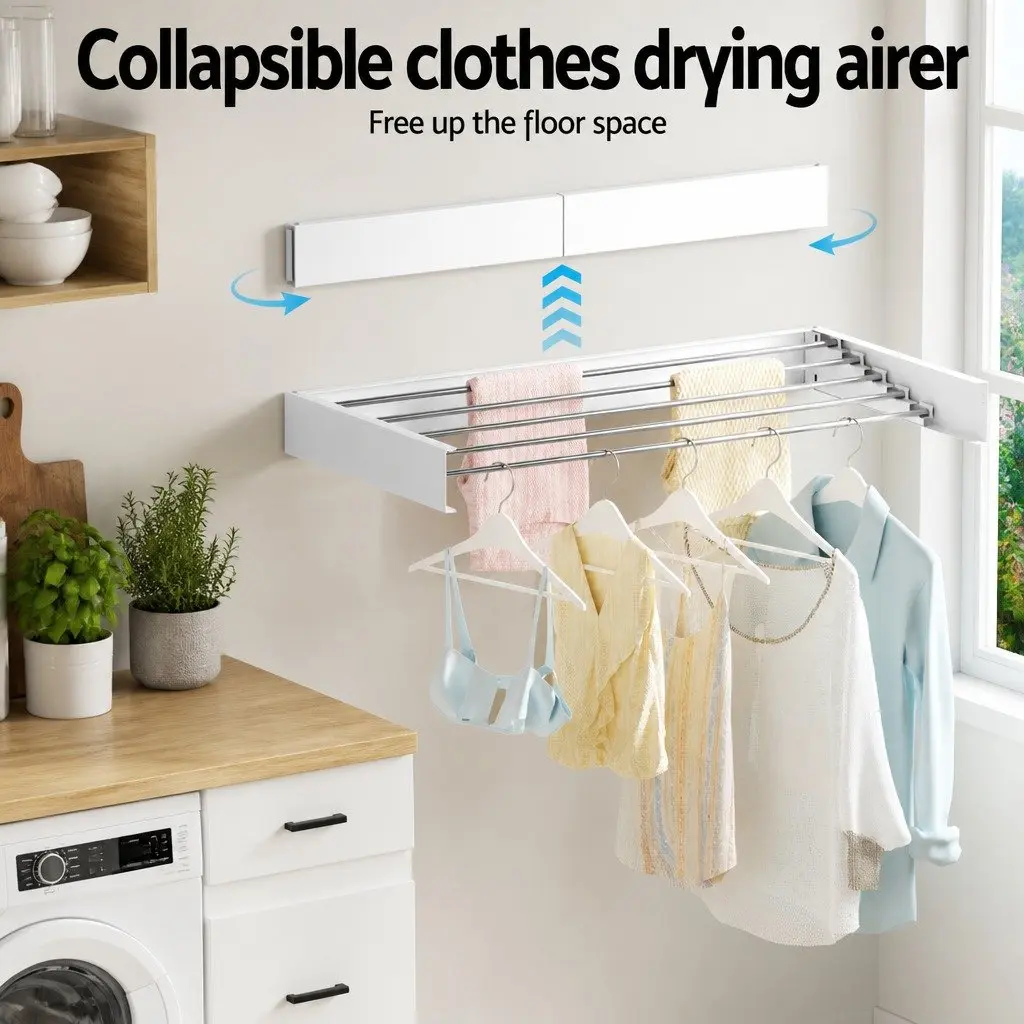 Wall Mounted Clothes Drying Rack White Silver 5 Rods Foldable Space Saving