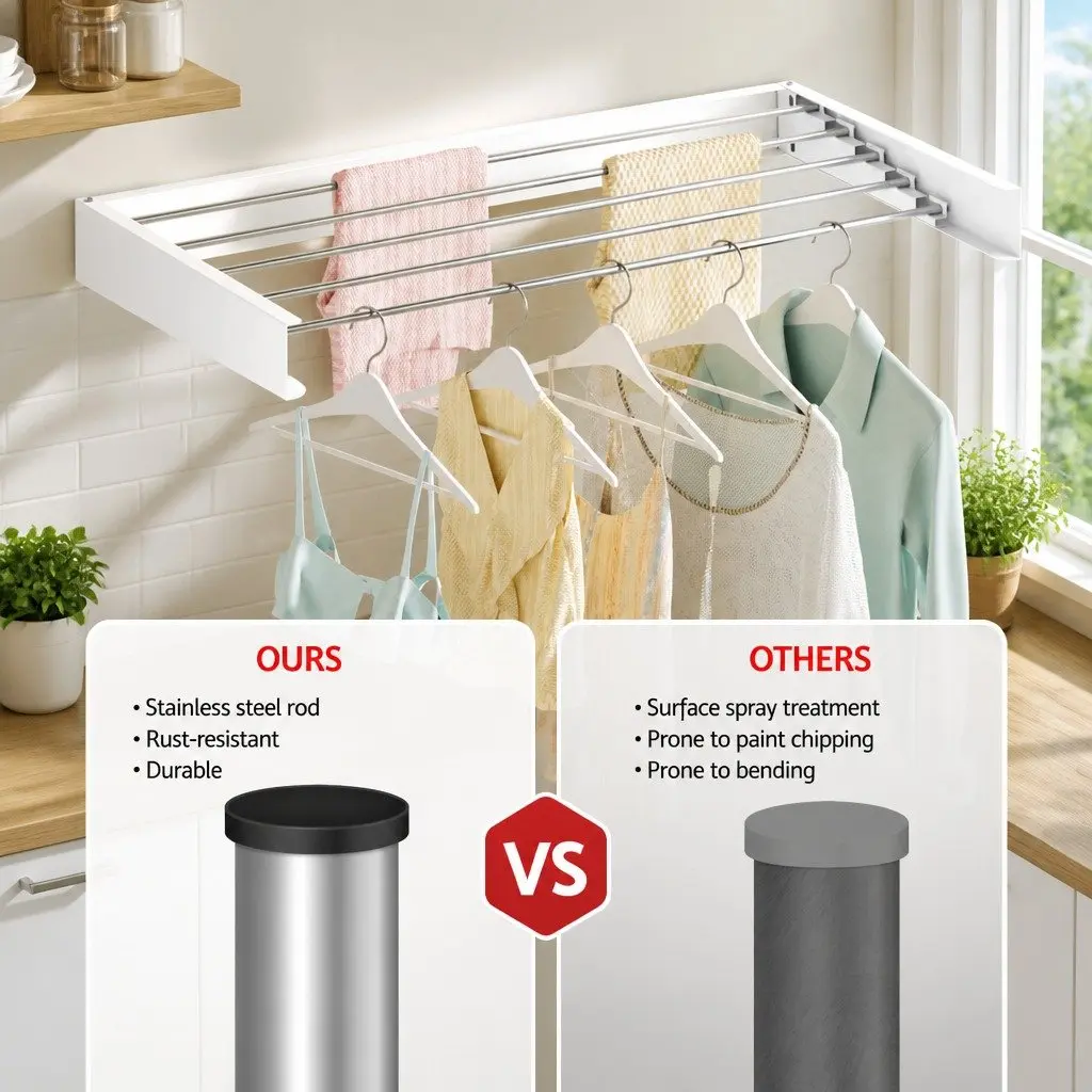 Wall Mounted Clothes Drying Rack White Silver 5 Rods Foldable Space Saving