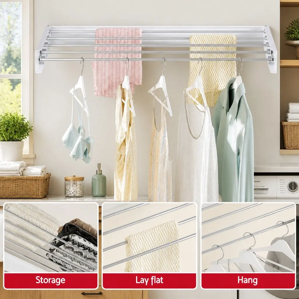 Wall Mounted Clothes Drying Rack White Silver 5 Rods Foldable Space Saving