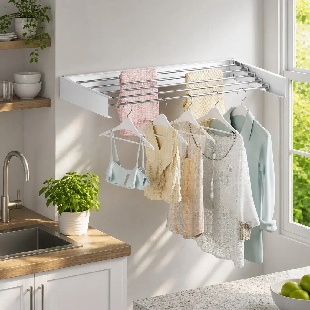 Wall Mounted Clothes Drying Rack White Silver 5 Rods Foldable Space Saving