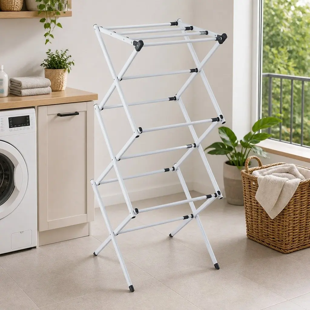 Foldable Clothes Rack Grey White Portable 11 Hanging Rods Lightweight No Assembly