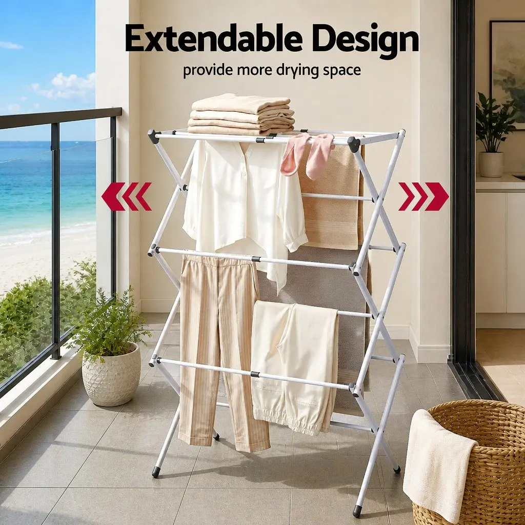 Foldable Clothes Rack Grey White Portable 11 Hanging Rods Lightweight No Assembly
