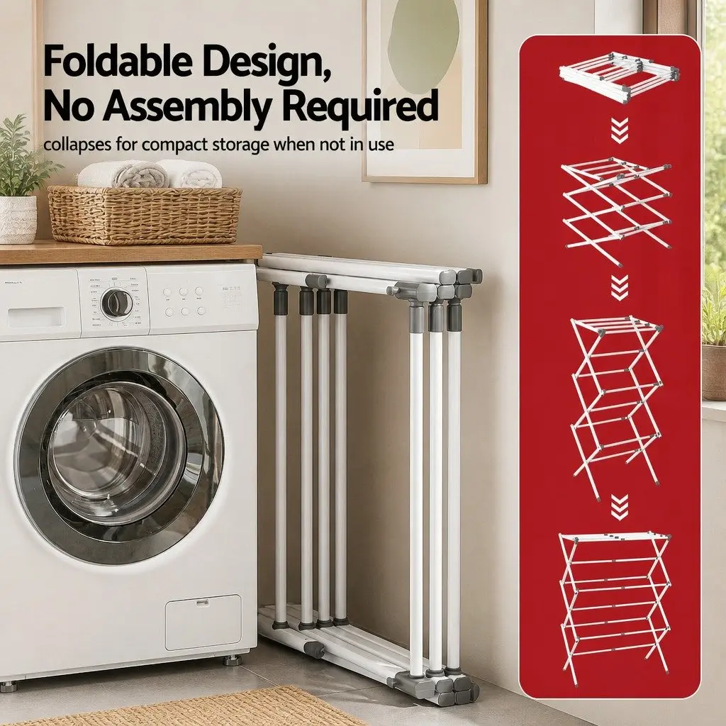 Foldable Clothes Rack Grey White Portable 11 Hanging Rods Lightweight No Assembly