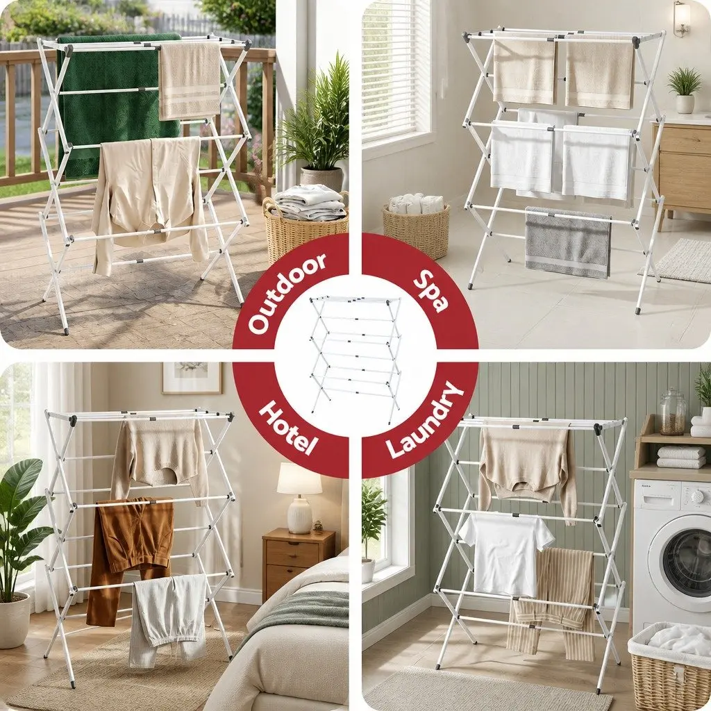 Foldable Clothes Rack Grey White Portable 11 Hanging Rods Lightweight No Assembly