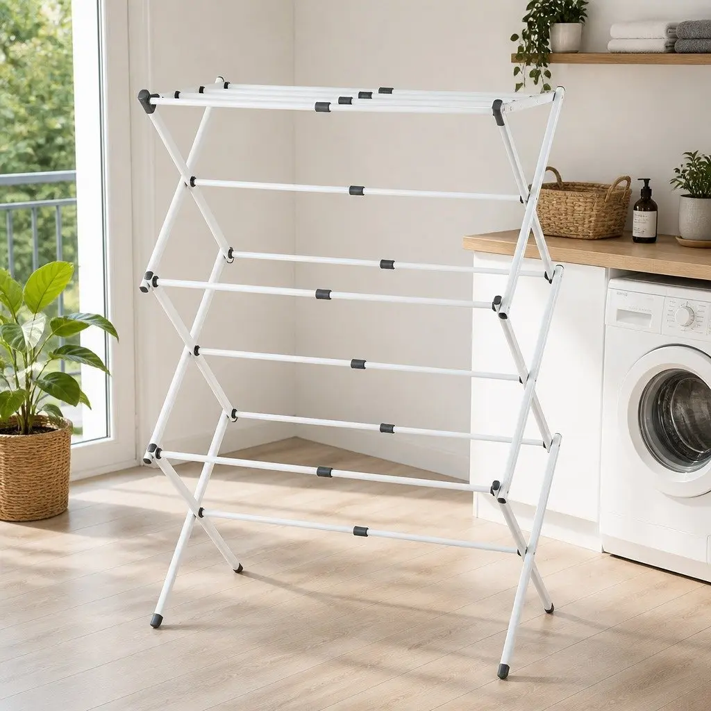 Foldable Clothes Rack Grey White Portable 11 Hanging Rods Lightweight No Assembly