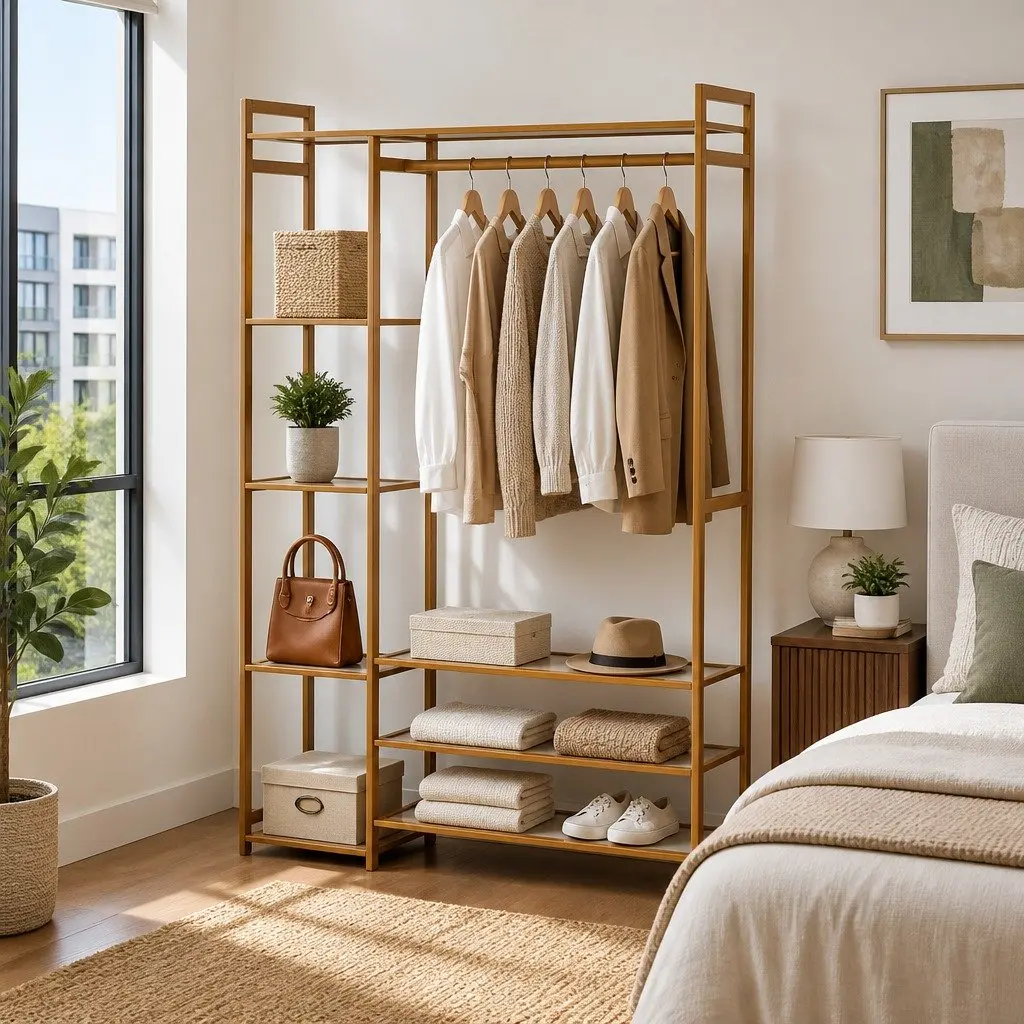 Clothes Rack White Adjustable Shelves Hanging Rail Coat Stand Bamboo Construction