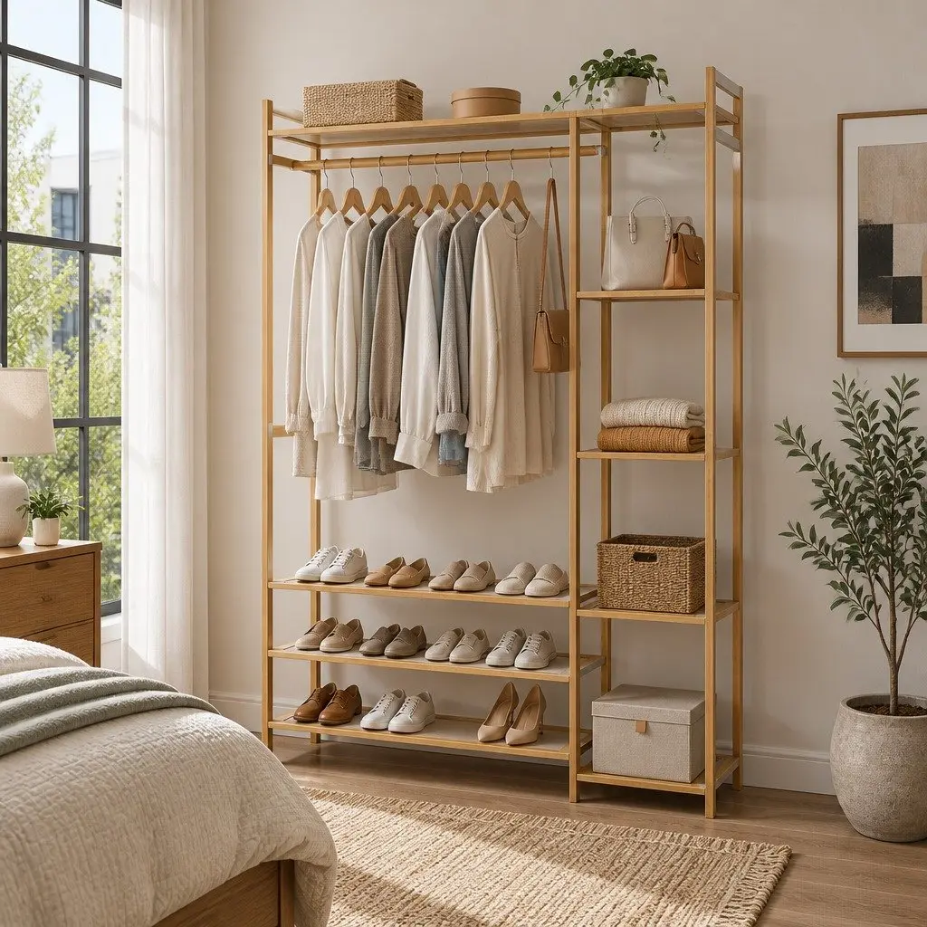 Clothes Rack White Adjustable Shelves Hanging Rail Coat Stand Bamboo Construction