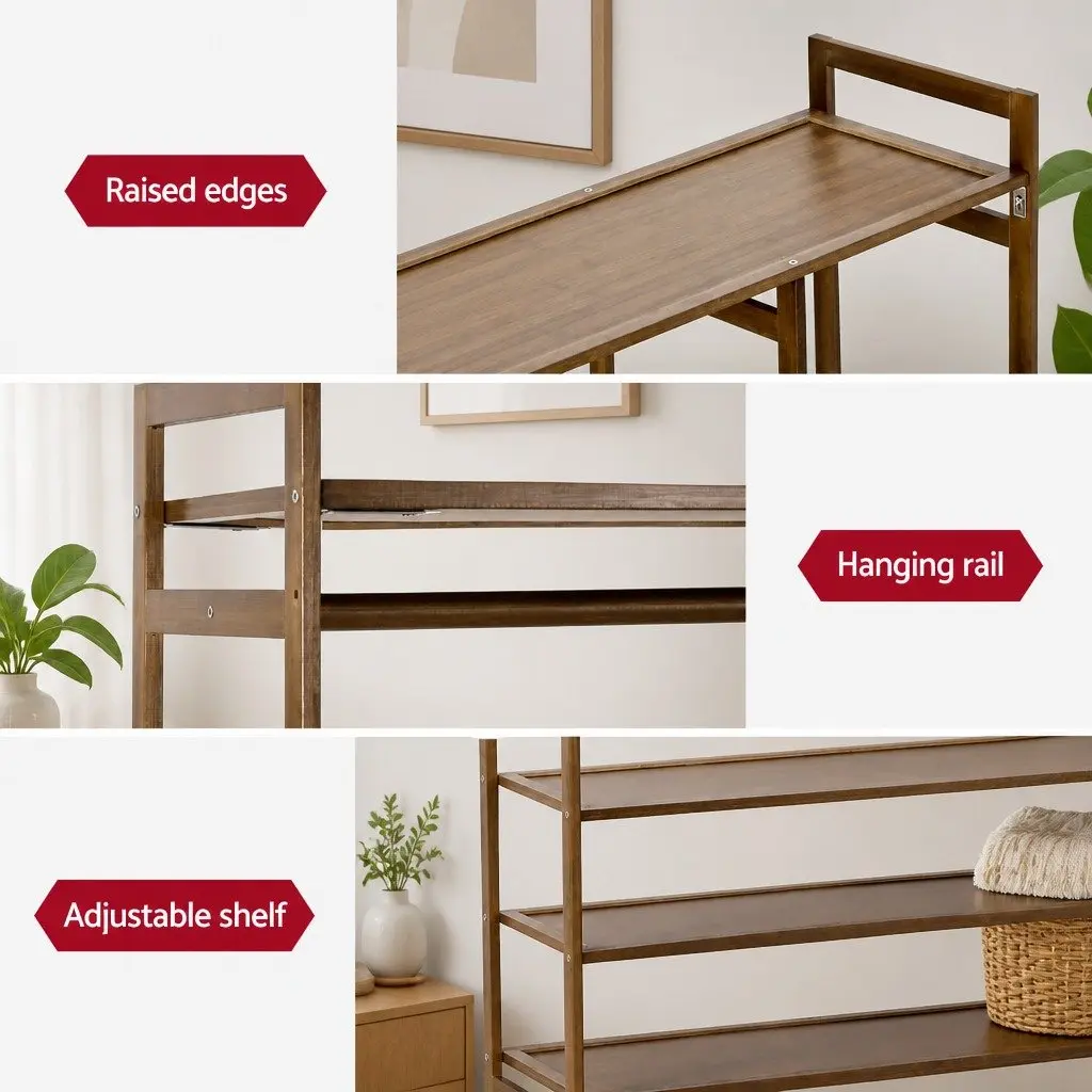 Clothes Rack White Adjustable Shelves Hanging Rail Coat Stand Bamboo Construction