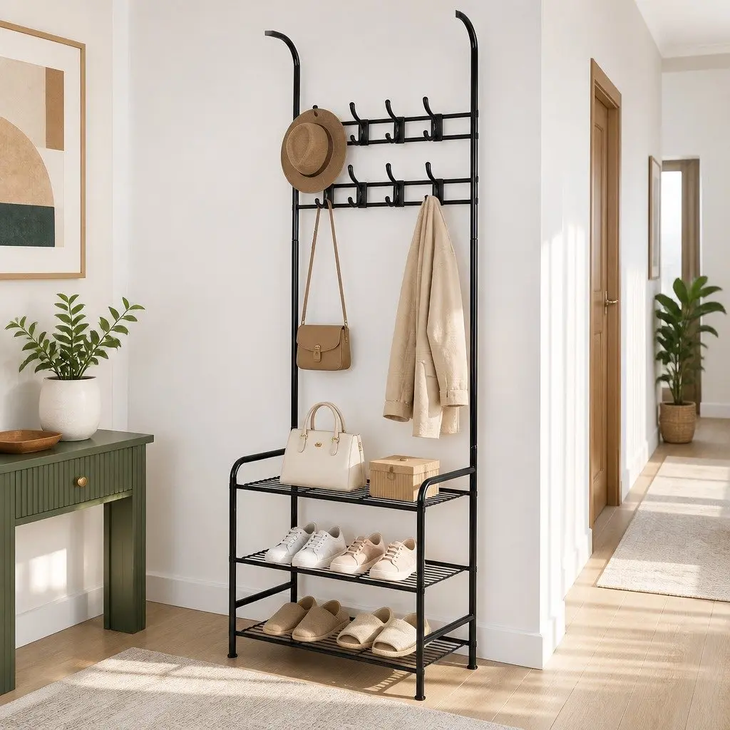 Metal Clothes Rack Black 179cm High 3-Tier Shelving Hanger Rail Storage