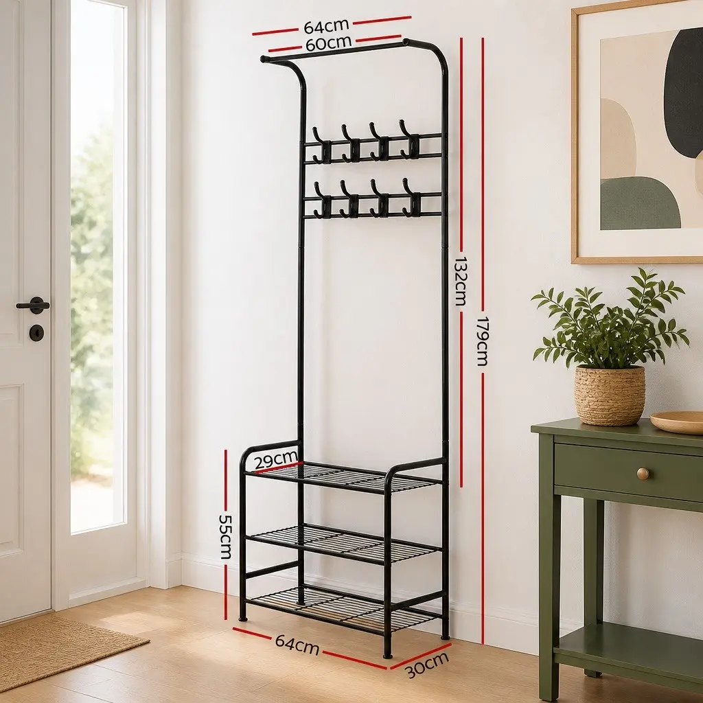 Metal Clothes Rack Black 179cm High 3-Tier Shelving Hanger Rail Storage