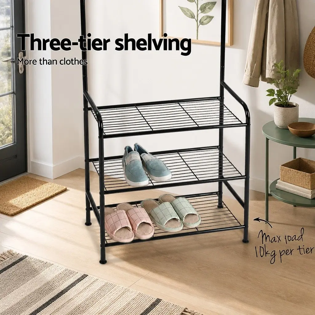 Metal Clothes Rack Black 179cm High 3-Tier Shelving Hanger Rail Storage