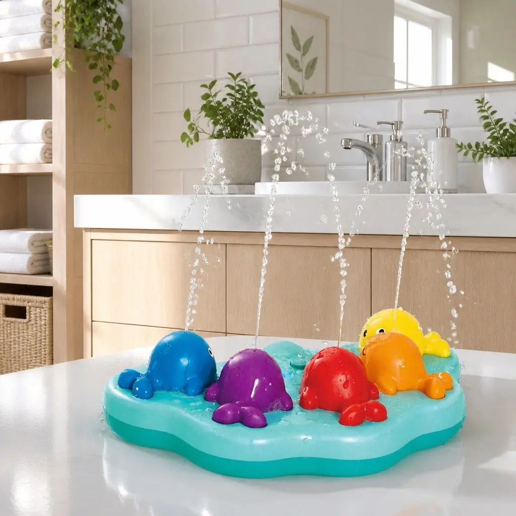 Musical Whale Fountain Bath Toy Colourful 5 Piece Interactive Water Spray Sensory Learning