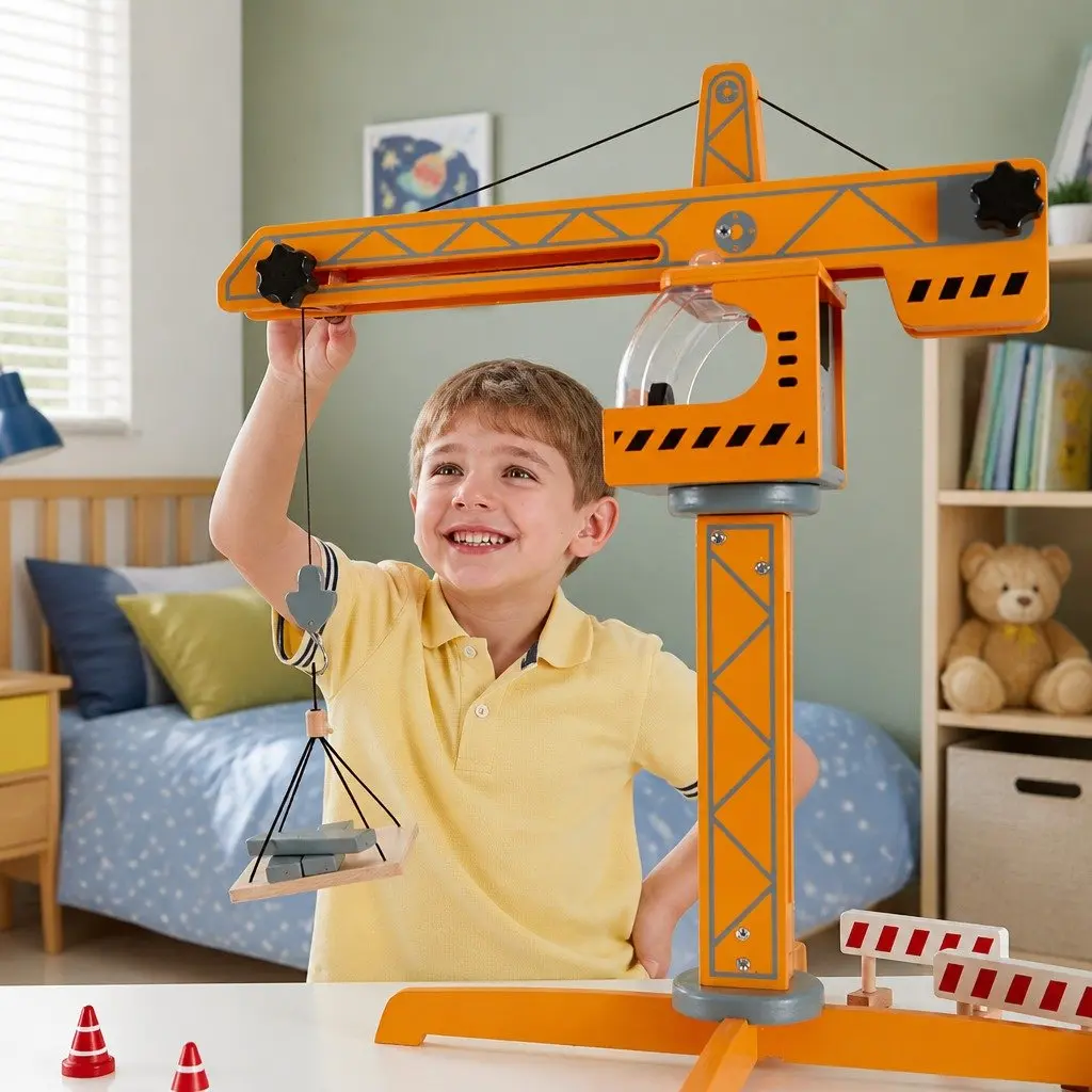 Wooden Crane Lift Playset Multicolor 10 Piece Working Winch Rotating Arm