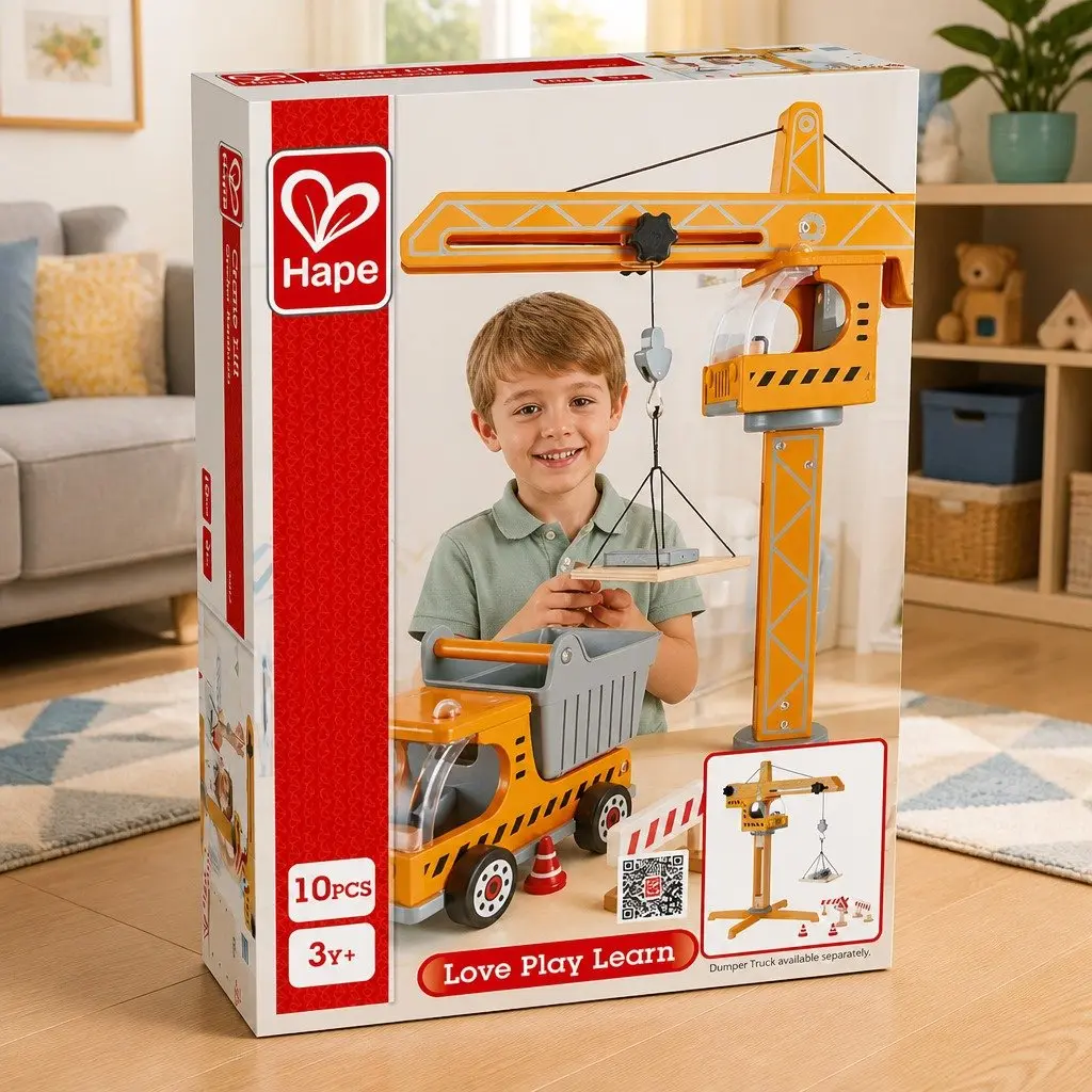 Wooden Crane Lift Playset Multicolor 10 Piece Working Winch Rotating Arm