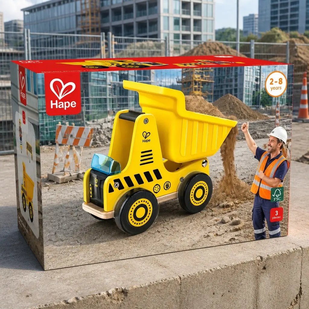 Wooden Dump Truck Toy Yellow Tilting Bed Fine Motor Skills Learning Play