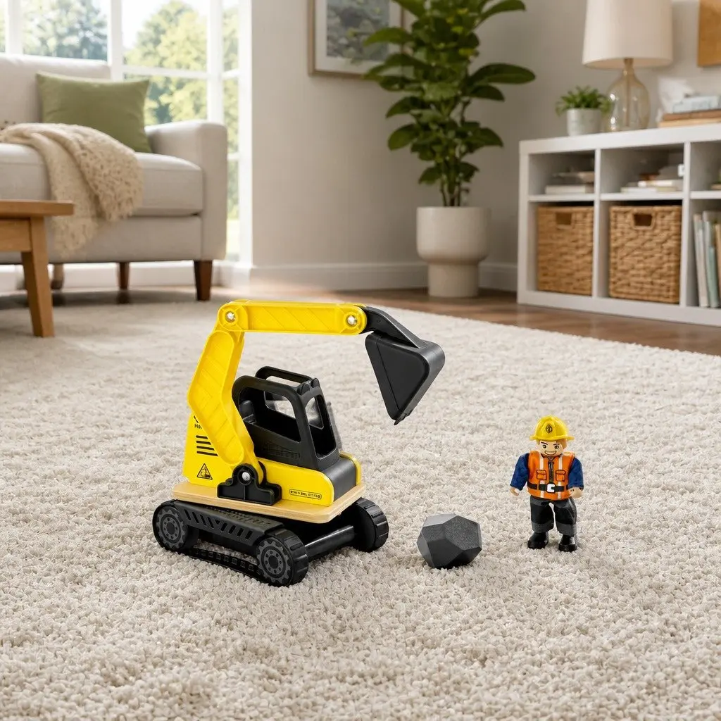 Excavator Toy Construction Vehicle Wooden Digger Arm Smooth Rolling Wheels