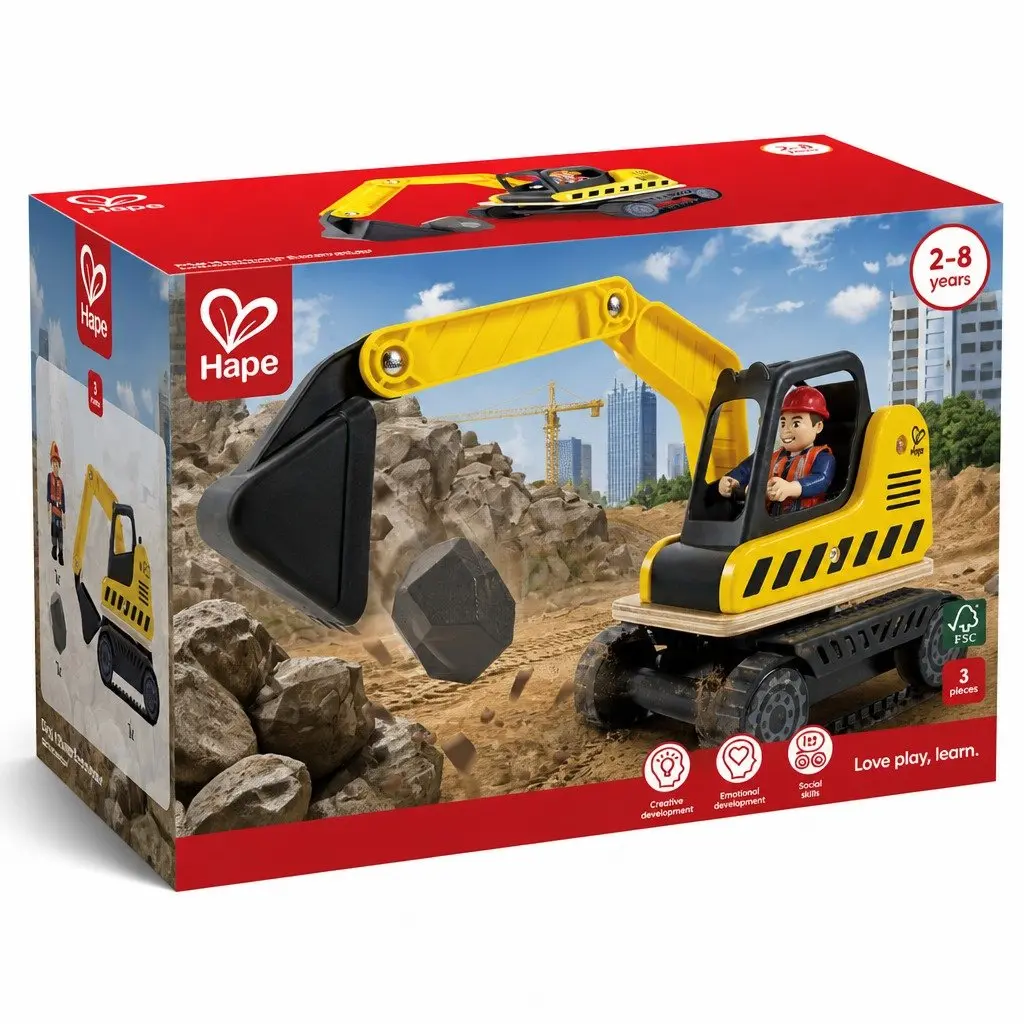 Excavator Toy Construction Vehicle Wooden Digger Arm Smooth Rolling Wheels