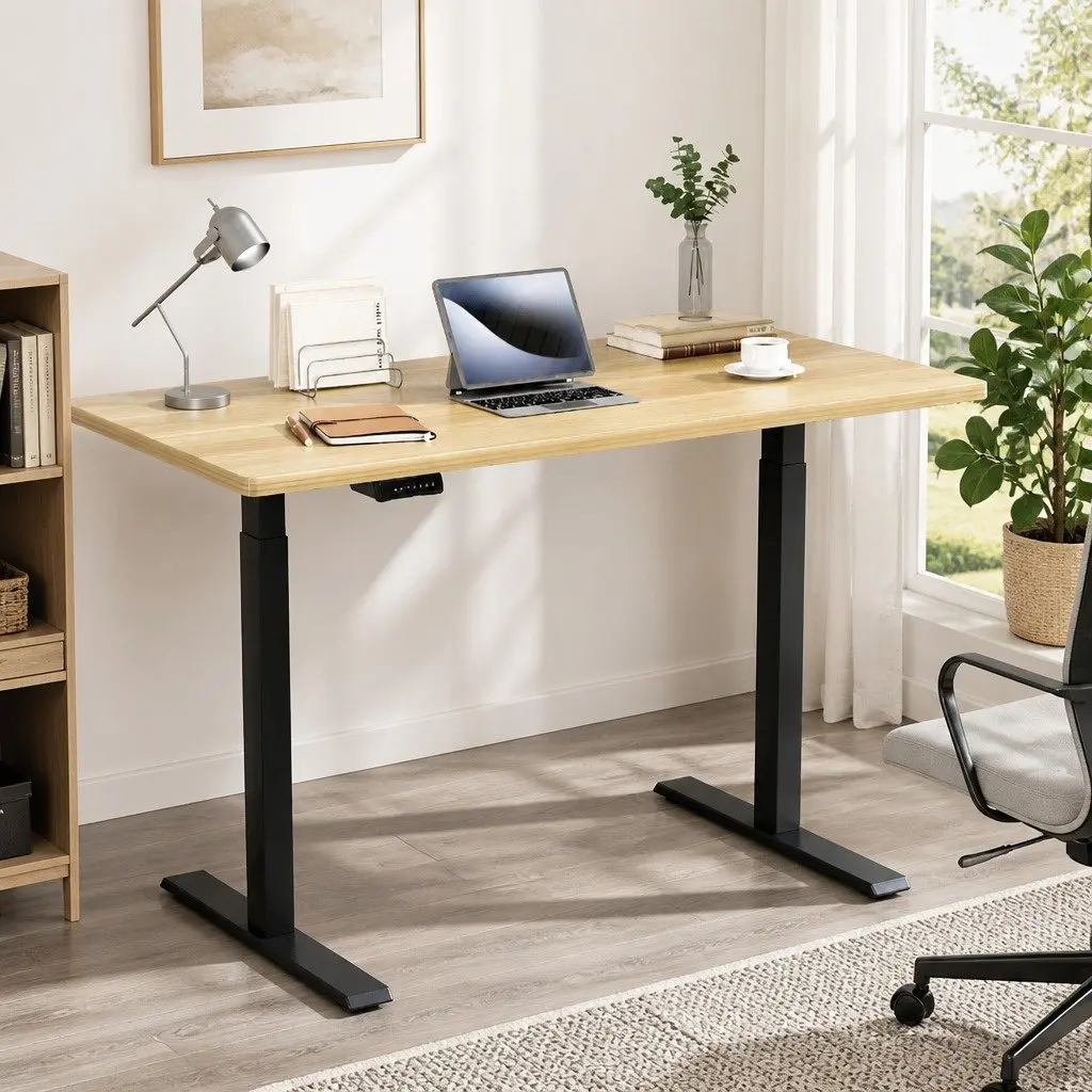 Motorised Standing Desk Oak Desktop 140cm Dual Motor Height Adjustable Frame