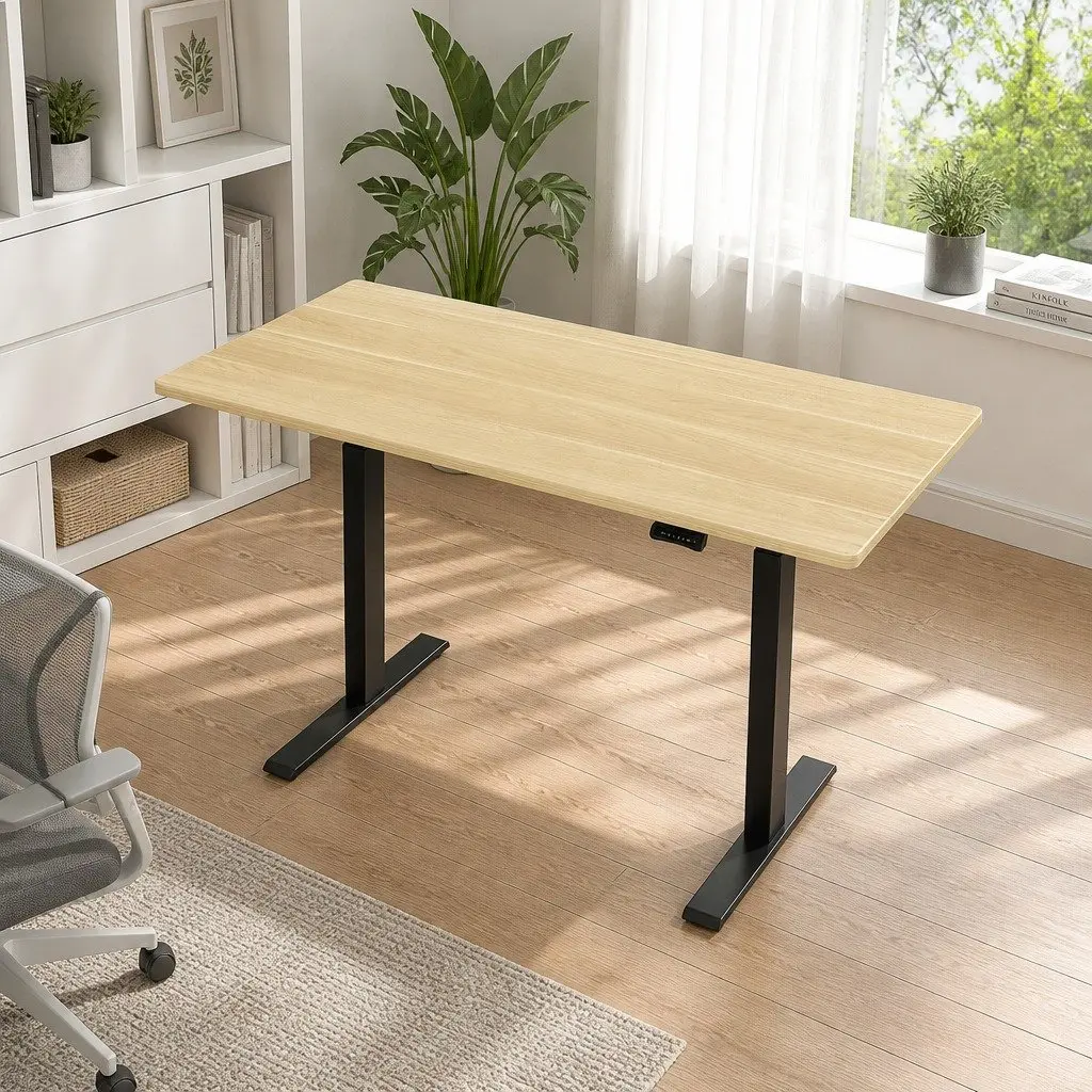 Motorised Standing Desk Oak Desktop 140cm Dual Motor Height Adjustable Frame