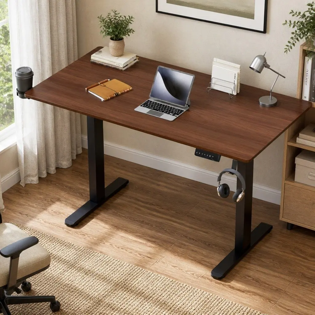 Electric Standing Desk Walnut 140cm Dual Motor Height Adjustable