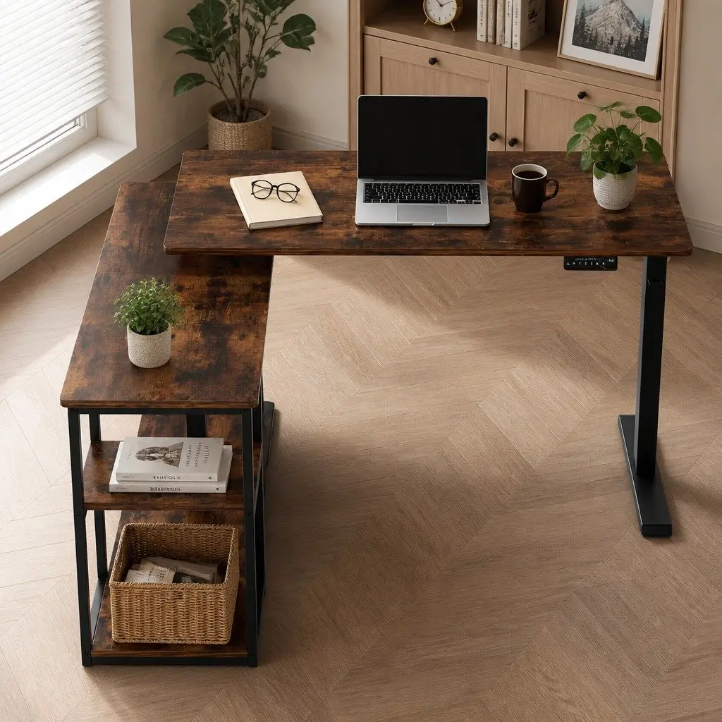 Electric Standing Desk L-Shaped Black Walnut Adjustable Height Motorised Office Workstation