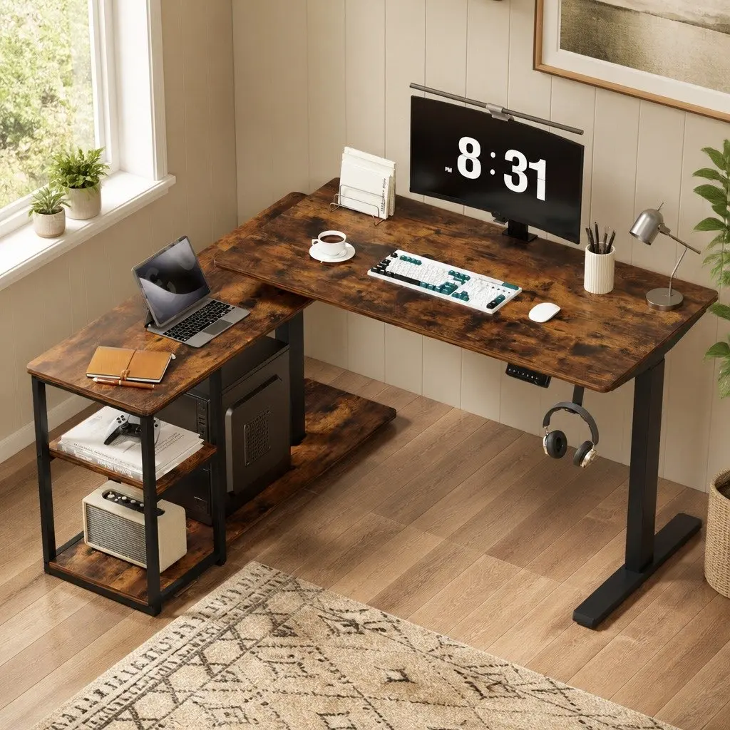Electric Standing Desk L-Shaped Black Walnut Adjustable Height Motorised Office Workstation