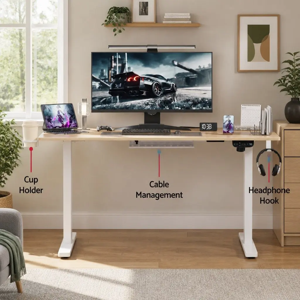 Electric Sit Stand Desk Oak 140CM Height Adjustable Touch Control Workstation