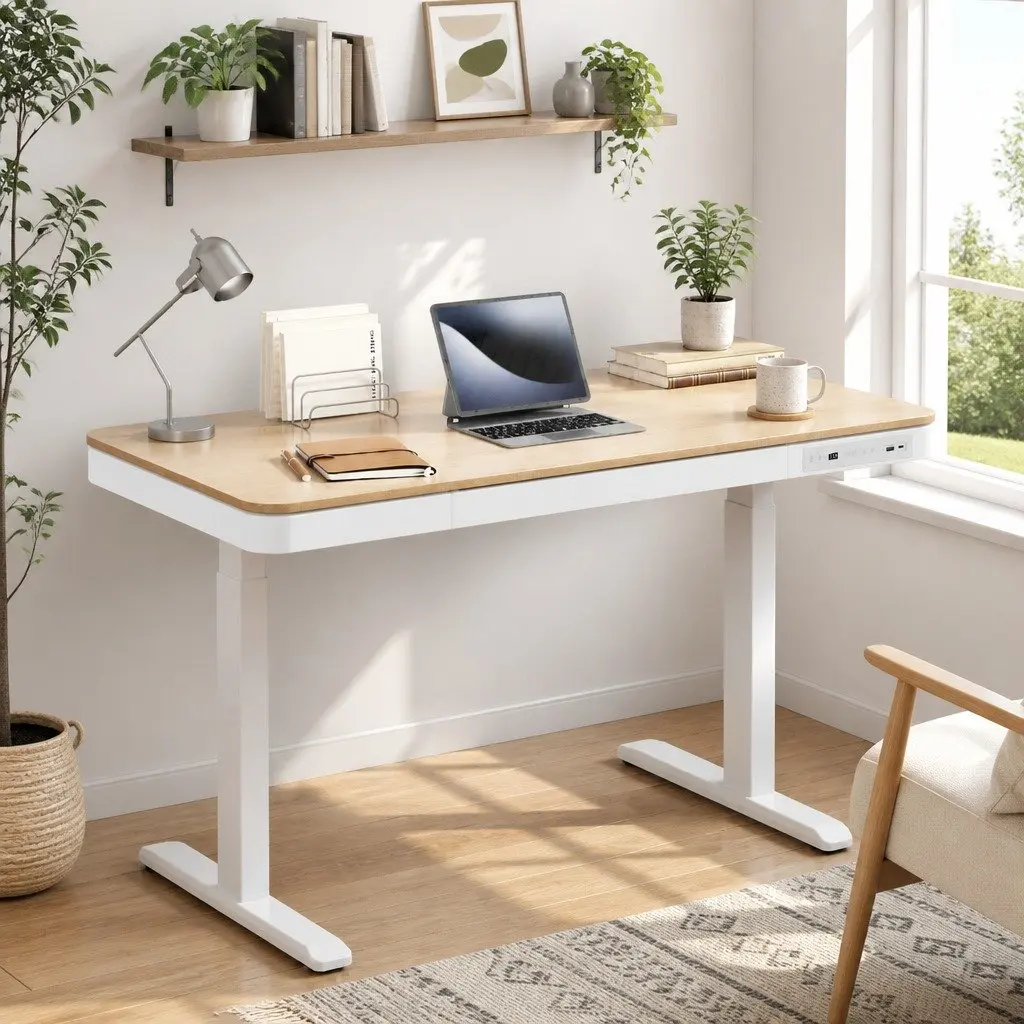 Electric Sit Stand Desk Walnut 120cm Motorised Height Adjustable with Storage Drawer and USB Charging Ports